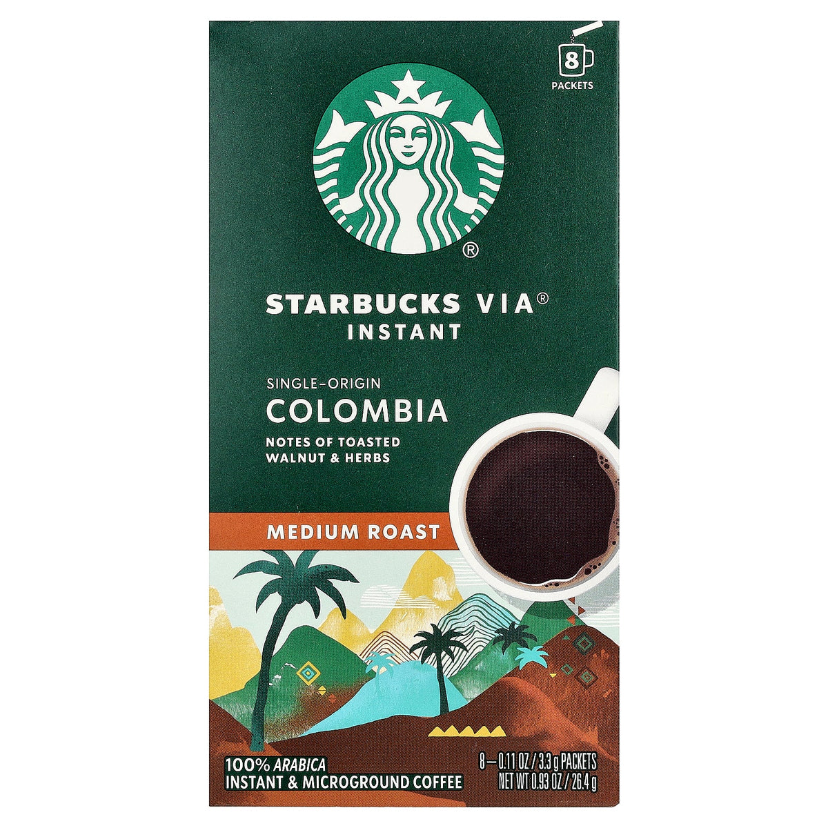Starbucks, VIA® Instant Colombia Coffee, Medium Roast, 8 Packets, 0.11 oz (3.3 g) Each