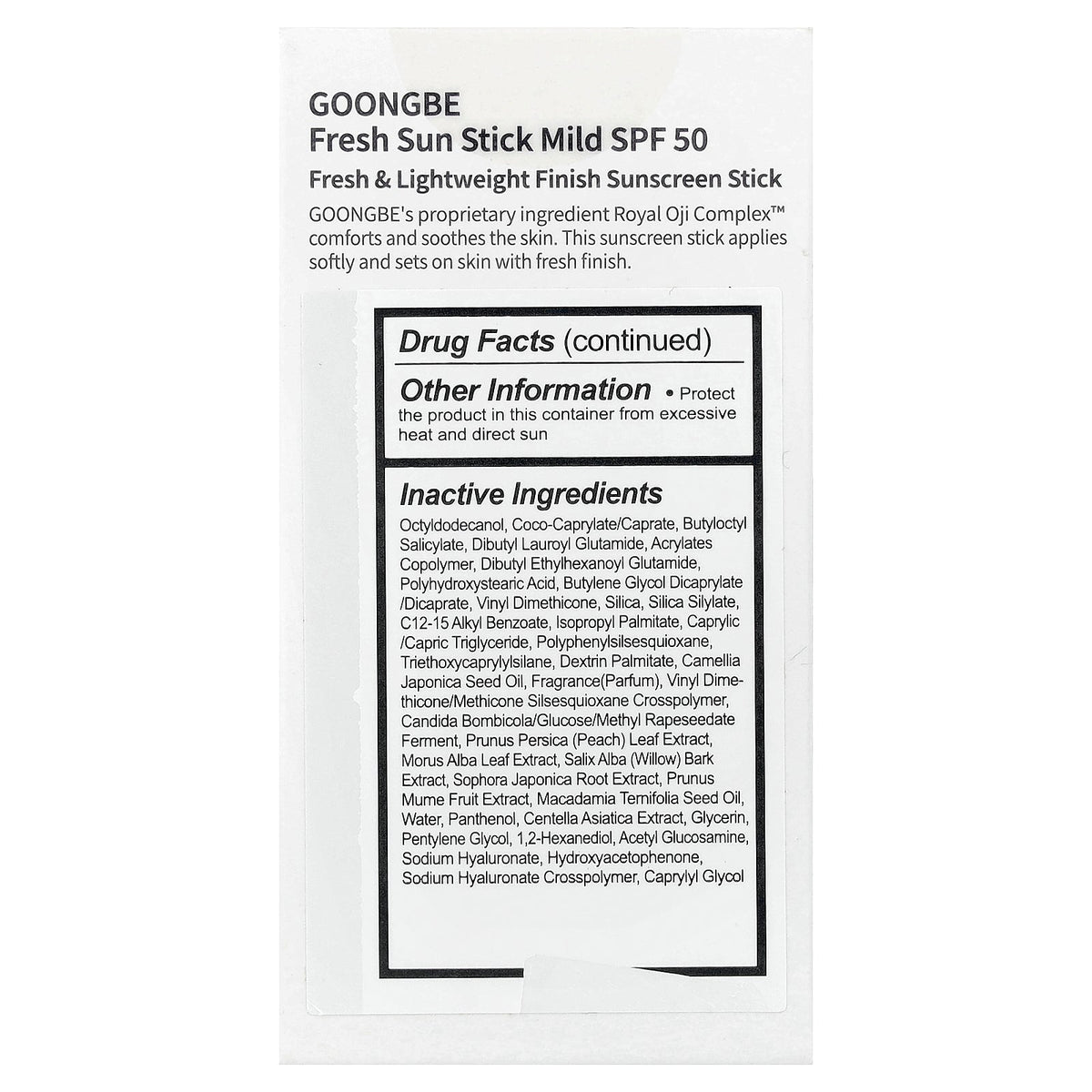 Goongbe, Fresh Sun Stick Sunscreen, Mild, SPF 50, 0.81 oz (23 g)