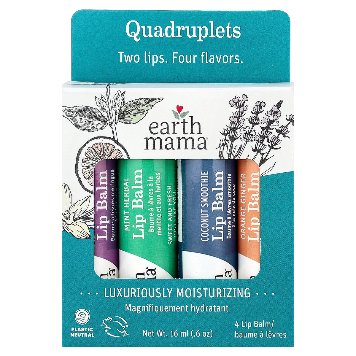Earth Mama, Lip Balm, Quadruplets, 4 Pack, 0.15 oz (4 ml) Each