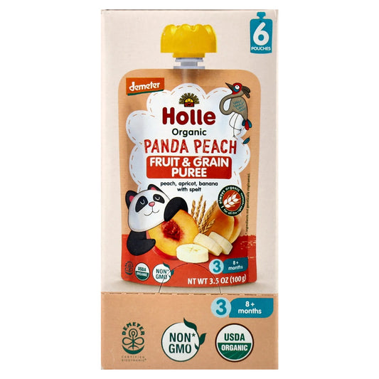 Holle, Organic Fruit & Grain Puree, Panda Peach, 8+ Months, Peach, Apricot, Banana With Spelt, 6 Pouches, 3.5 oz (100 g) Each