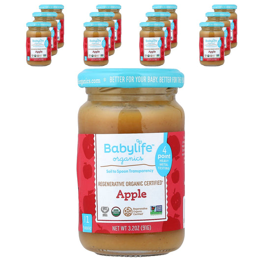 BabyLife Organics, Baby Food, 4+ Months, Apple, 12 Jars, 3.2 oz (91 g) Each