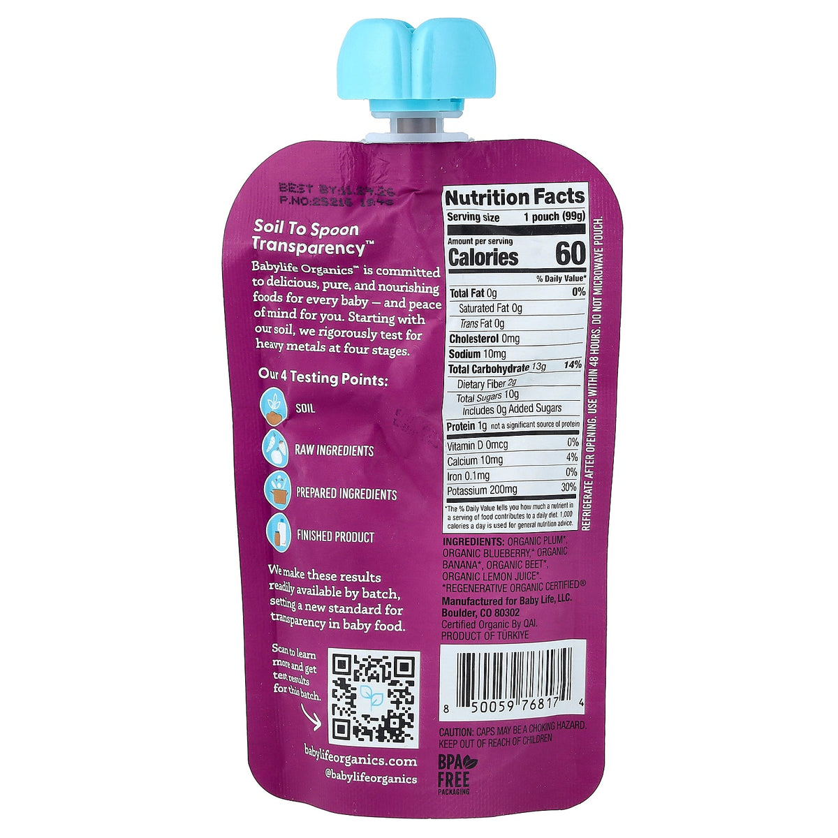 BabyLife Organics, Baby Food, 6+ Months, Plum, Blueberry Banana & Beet, 6 Pouches, 3.5 oz (99 g) Each