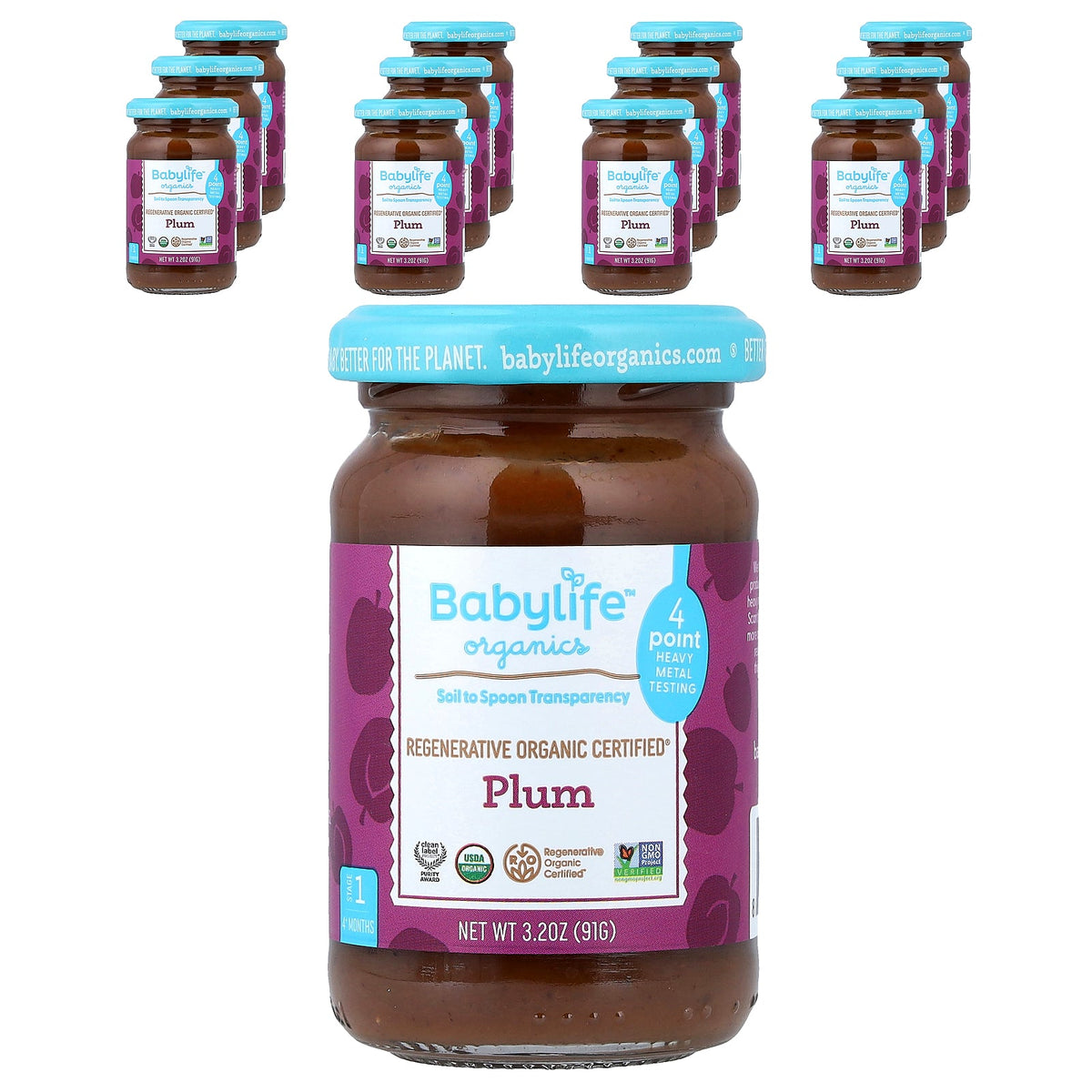 BabyLife Organics, Baby Food, 4+ Months, Plum, 12 Jars, 3.2 oz (91 g) Each