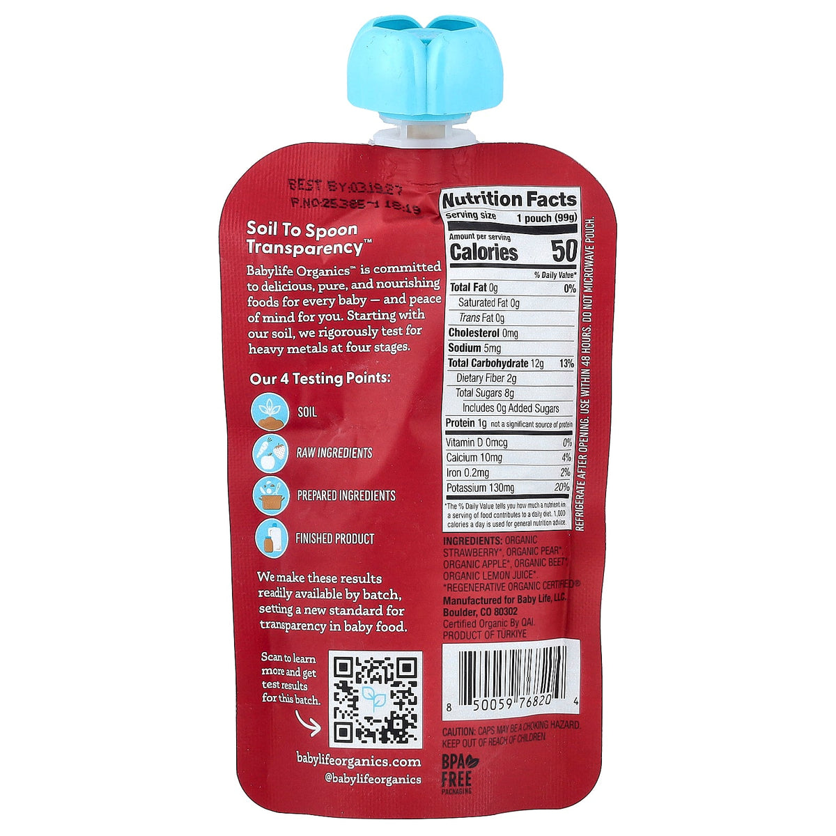 BabyLife Organics, Baby Food, 6+ Months, Strawberry, Pear, Apple & Beet, 6 Pouches, 3.5 oz (99 g) Each