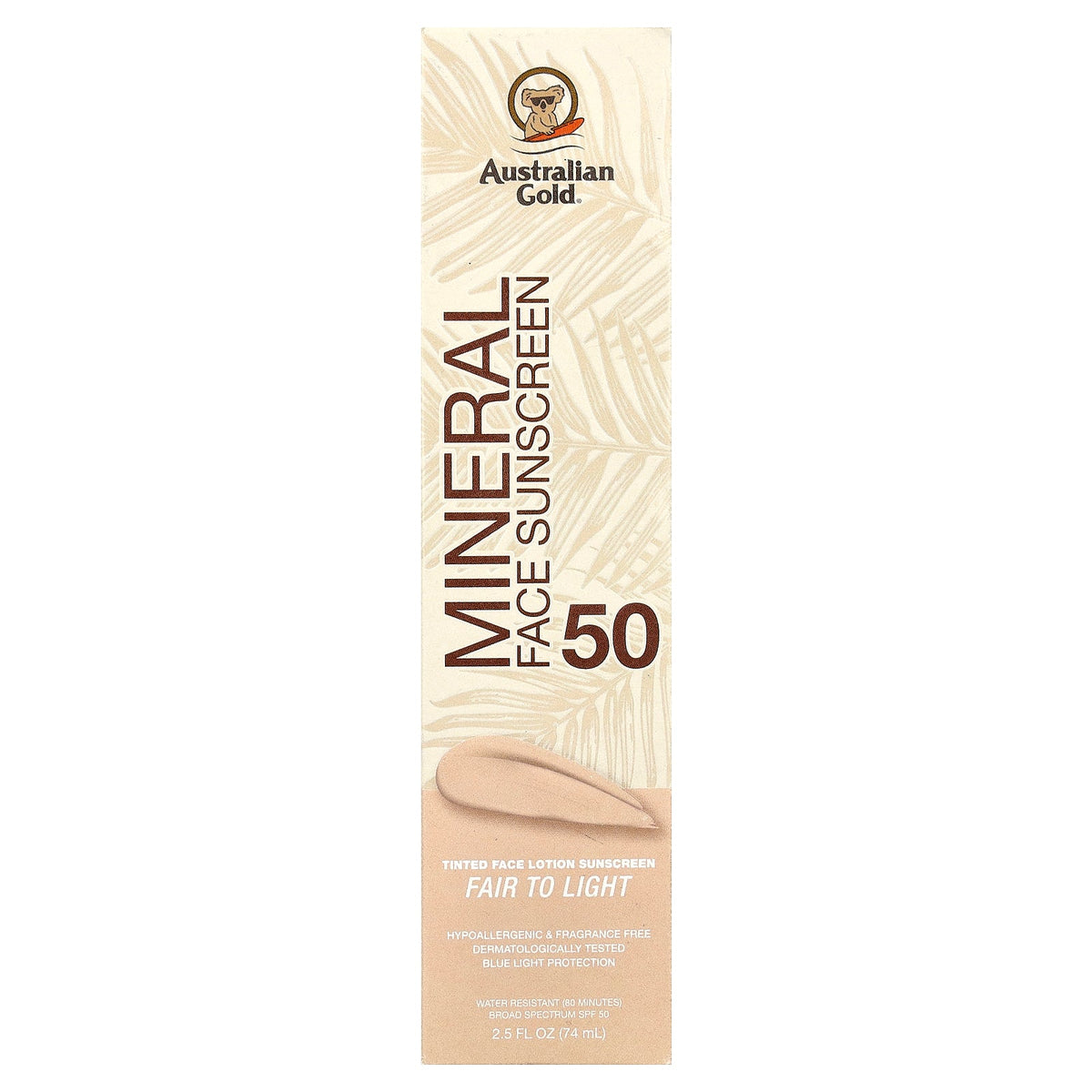 Australian Gold, Mineral Tinted Face Lotion Sunscreen, SPF 50, Fair to Light, 2.5 fl oz (74 ml)