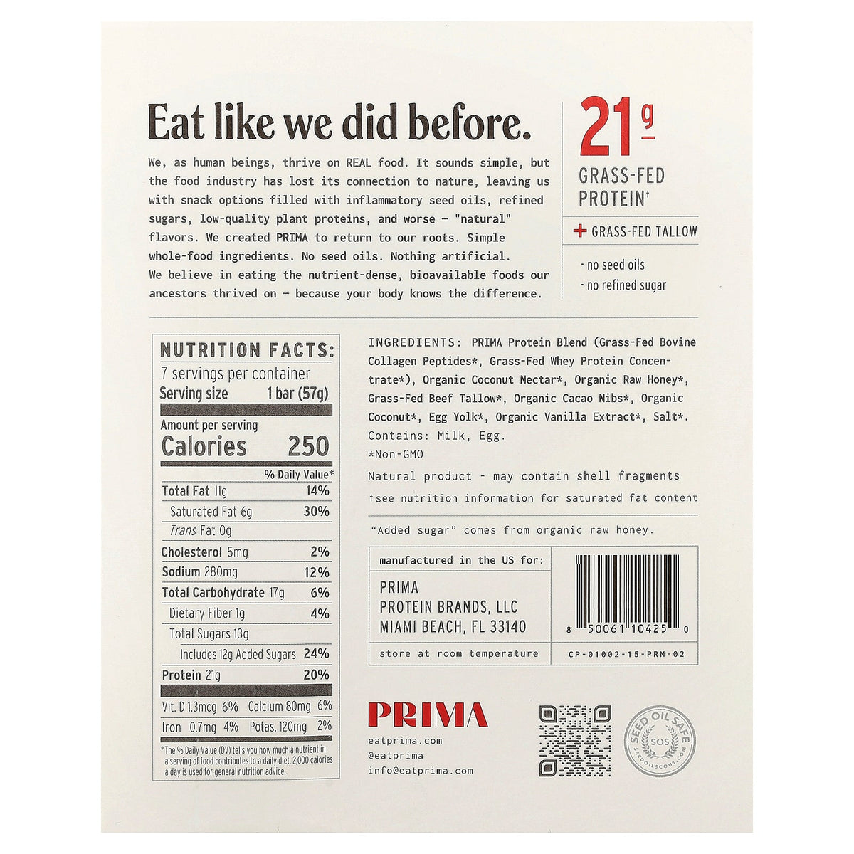 Prima, Ancestral Protein Bar, Salted Caramel, 7 Bars, 2 oz (57 g) Each
