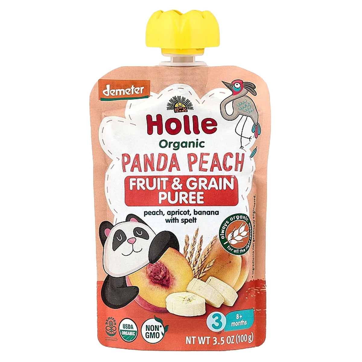 Holle, Organic Fruit & Grain Puree, Panda Peach, 8+ Months, Peach, Apricot, Banana With Spelt, 6 Pouches, 3.5 oz (100 g) Each