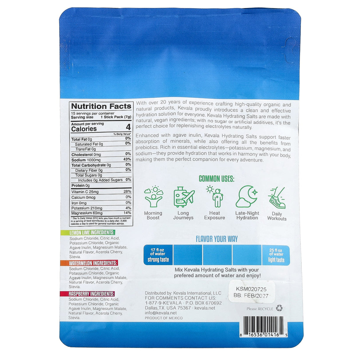 Kevala, Hydrating Salts, Prebiotic Electrolytes, Variety Pack, 15 Sticks, 0,25 oz (7 g) Each