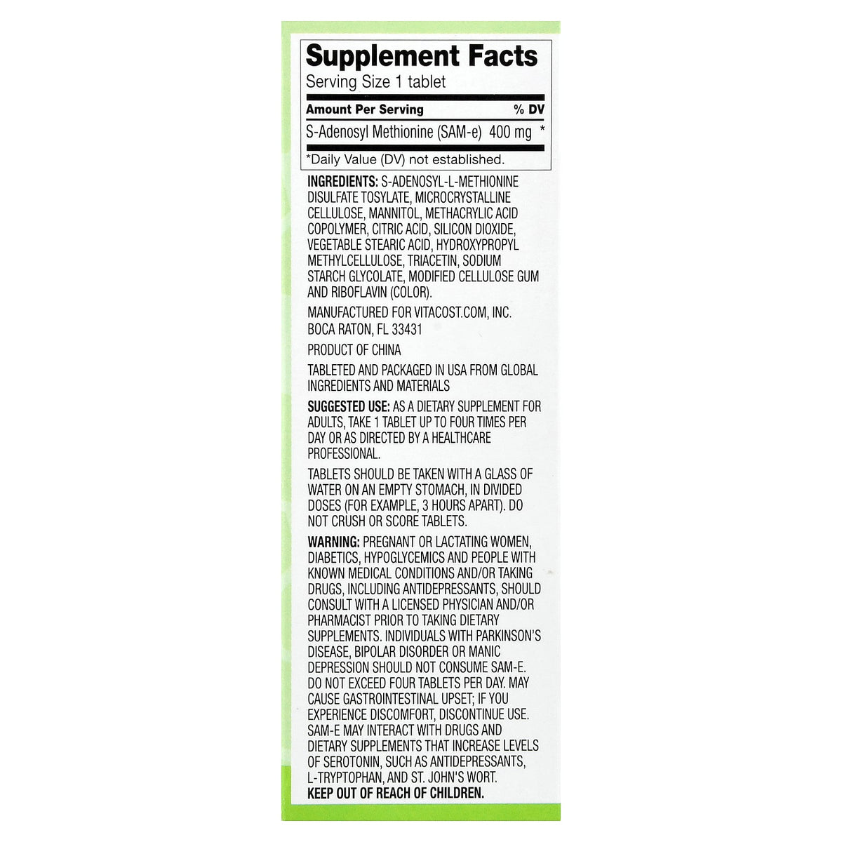 Vitacost, Synergy®, SAM-e, 400 mg, 30 Enteric Coated Tablets