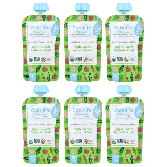 BabyLife Organics, Baby Food, 6+ Months, Apple, Carrot, Spinach & Kale, 6 Pouches, 3.5 oz (99 g) Each