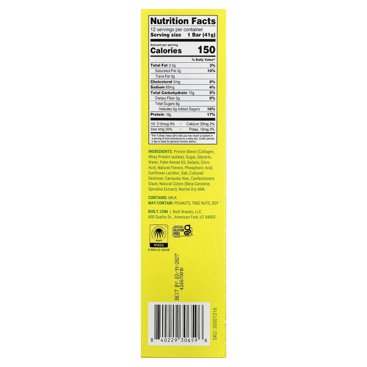 Built, Sour Puff™, Protein Bars, Green Apple Crush, 12 Bars, 1.45 oz (41 g) Each