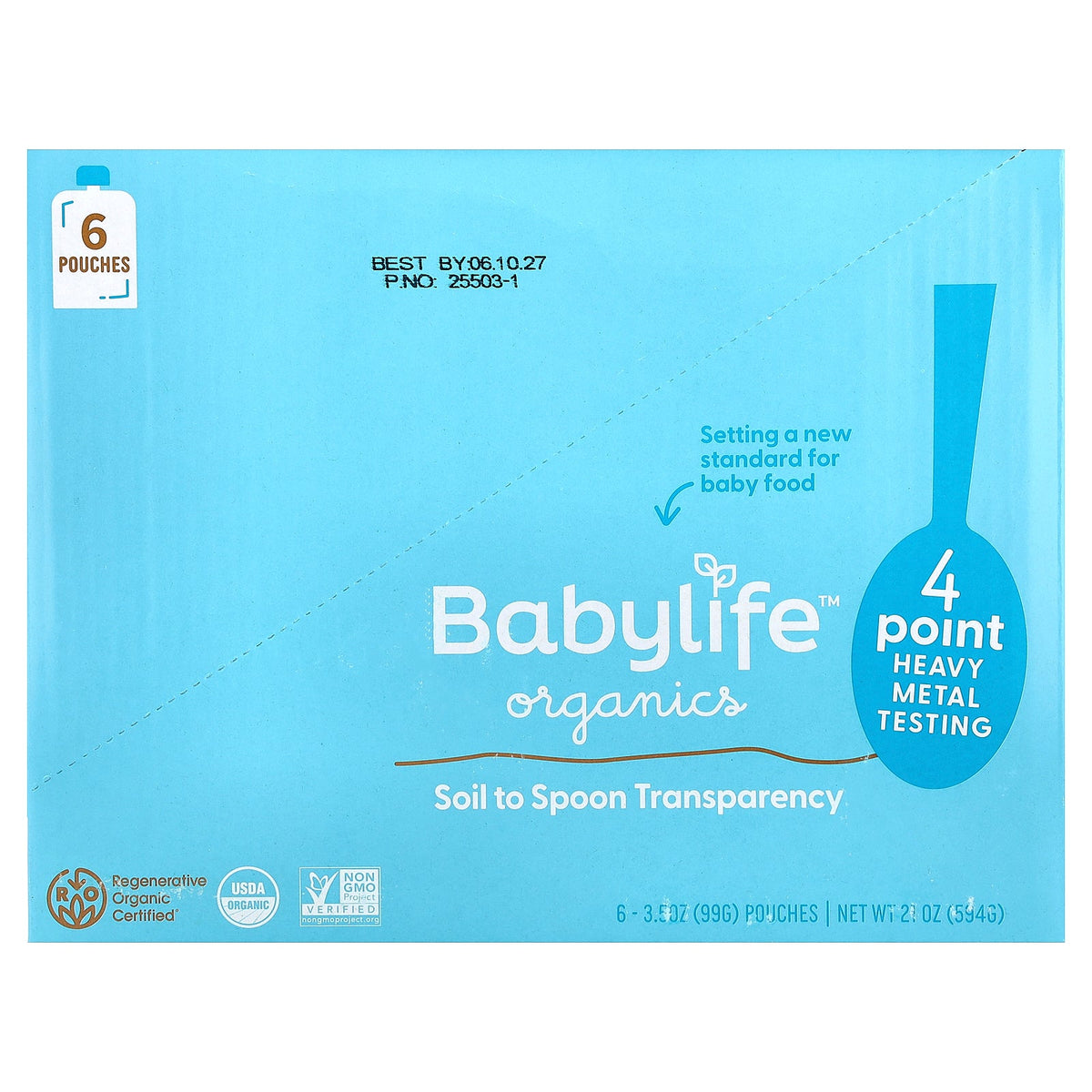 BabyLife Organics, Baby Food, 6+ Months, Peach, Pear, Banana & Oat, 6 Pouches, 3.5 oz (99 g) Each