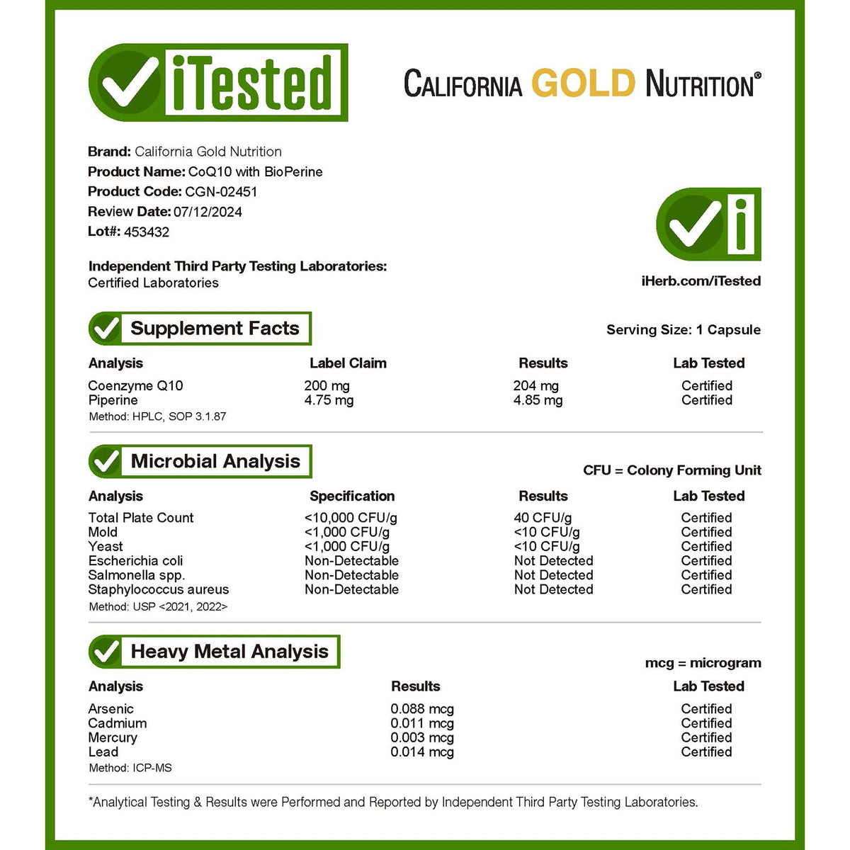 California Gold Nutrition, CoQ10 with Bioperine® and Black Pepper Extract, Enhanced Biovailability, 120 Veggie Capsules