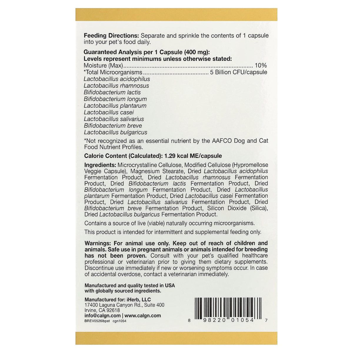California Gold Nutrition, LactoBif® Pet Probiotics, 60 Veggie Capsules