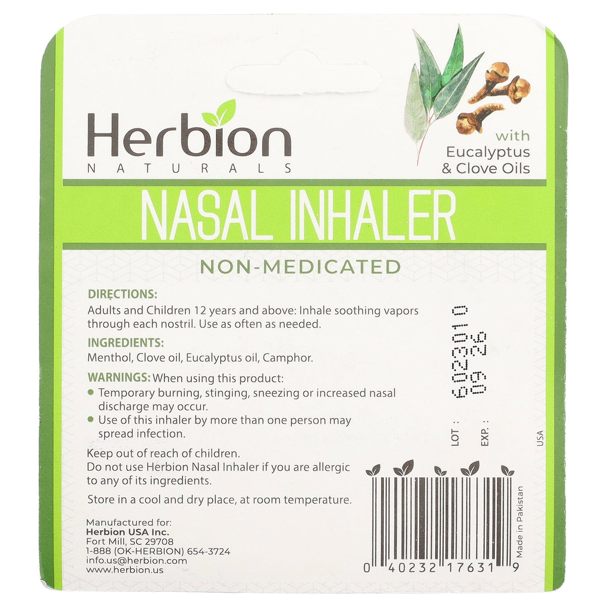 Herbion Naturals, Nasal Inhaler With Eucalyptus & Clove Oils, 6 Inhalers, 0.05 oz (1.3 g) Each