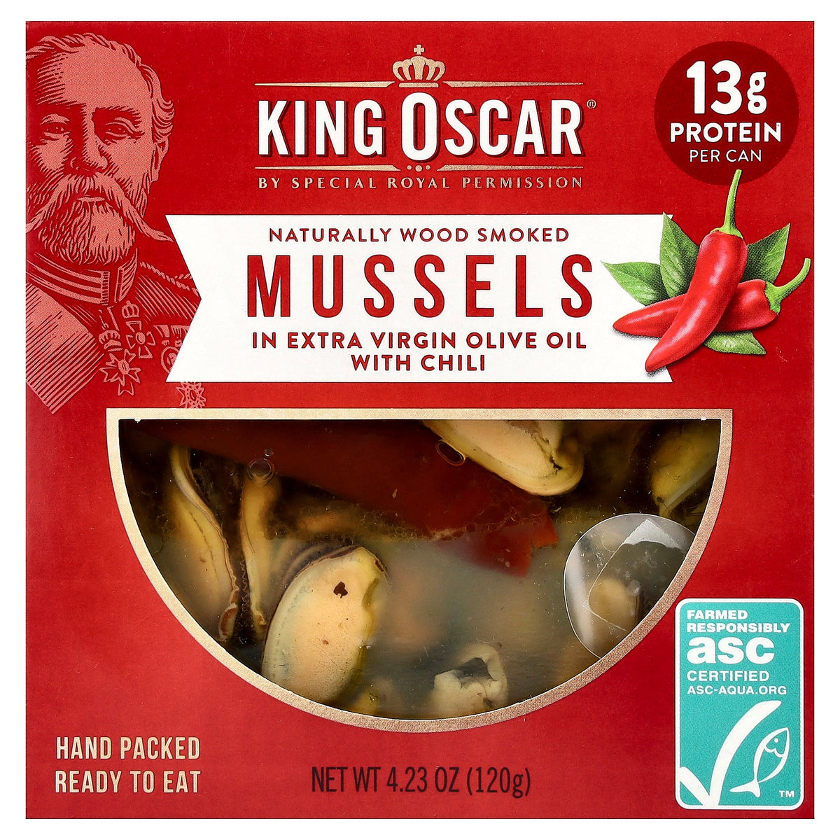King Oscar, Naturally Wood Smoked Mussels in Extra Virgin Olive Oil with Chili, 4.23 oz (120 g)