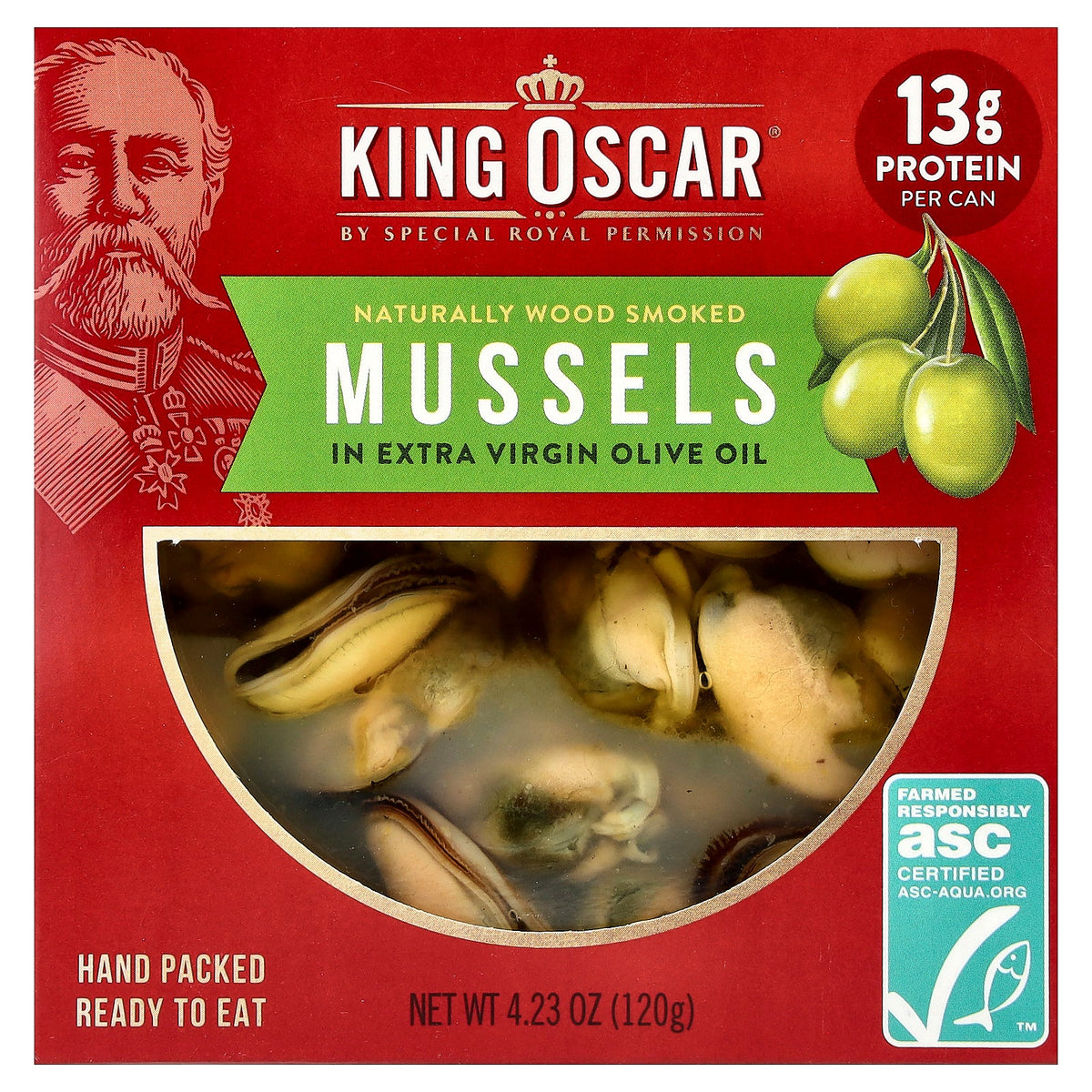 King Oscar, Naturally Wood Smoked Mussels in Extra Virgin Olive Oil, 4.23 oz (120 g)