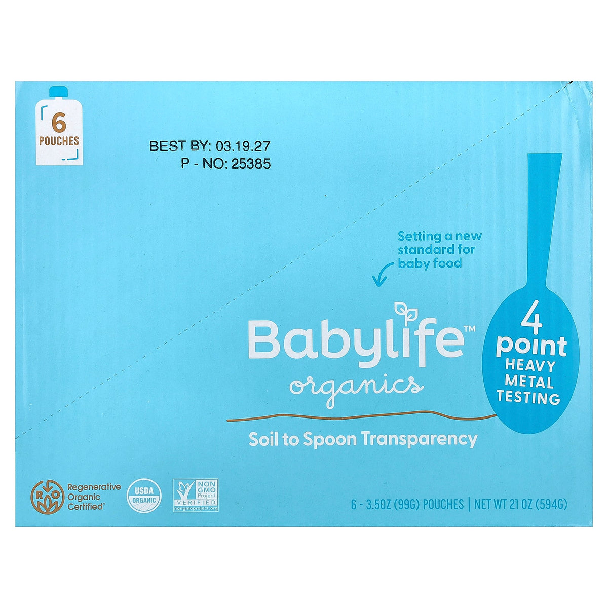 BabyLife Organics, Baby Food, 6+ Months, Peach, Pear, Strawberry, Banana & Watermelon, 6 Pouches, 3.5 oz (99 g) Each