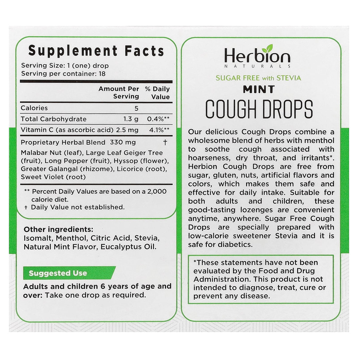 Herbion Naturals, Cough Drops, Mint, Sugar Free, 6 Packs, 18 Drops Each