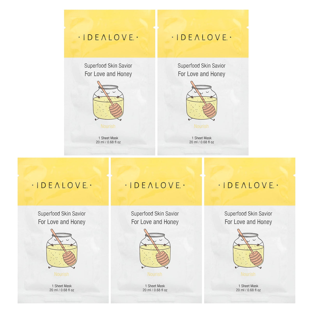 Idealove, Superfood Skin Savior Beauty Masks, For Love and Honey, 5 Sheets, 0.68 fl oz (20 ml) Each