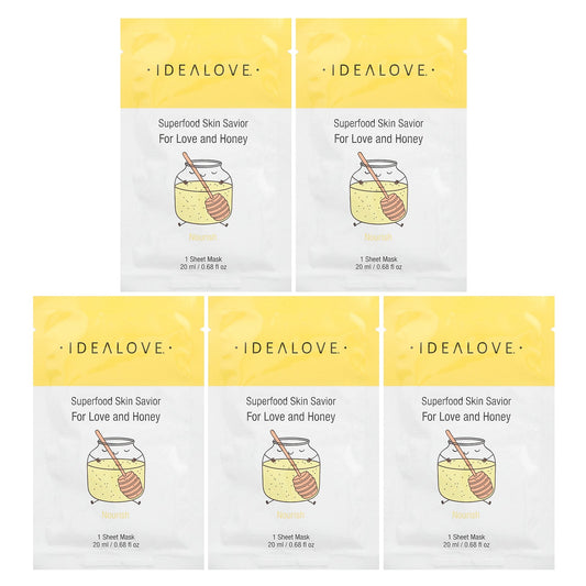 Idealove, Superfood Skin Savior Beauty Masks, For Love and Honey, 5 Sheets, 0.68 fl oz (20 ml) Each