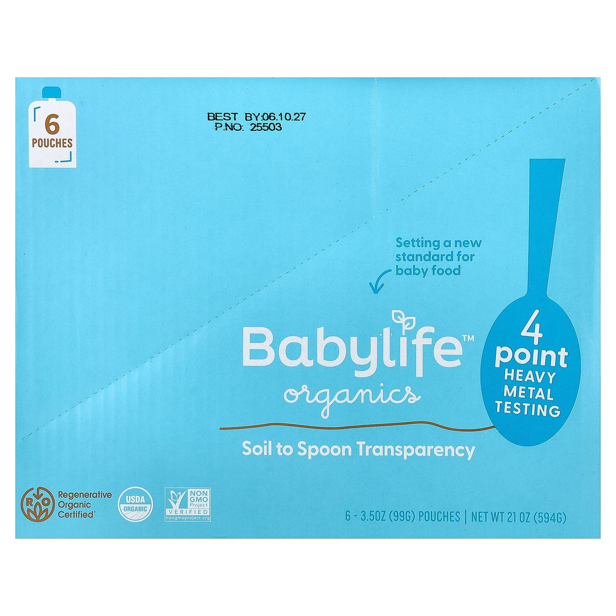 BabyLife Organics, Baby Food, 6+ Months, Sweet Potato, Peach, Pear & Banana, 6 Pouches, 3.5 oz (99 g) Each