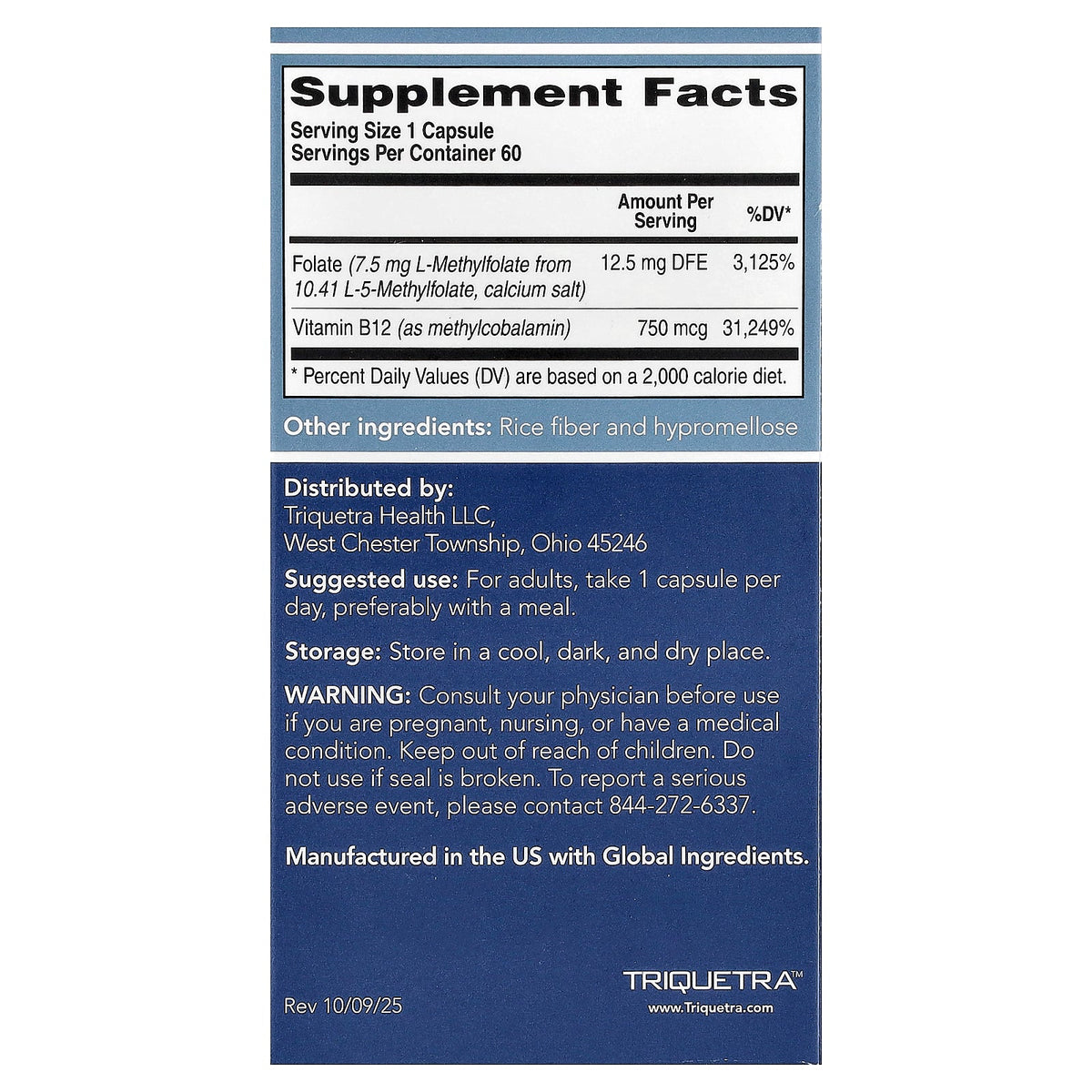 Triquetra, L-Methylfolate 5-MTHF plus Methyl B-12, 60 Capsules