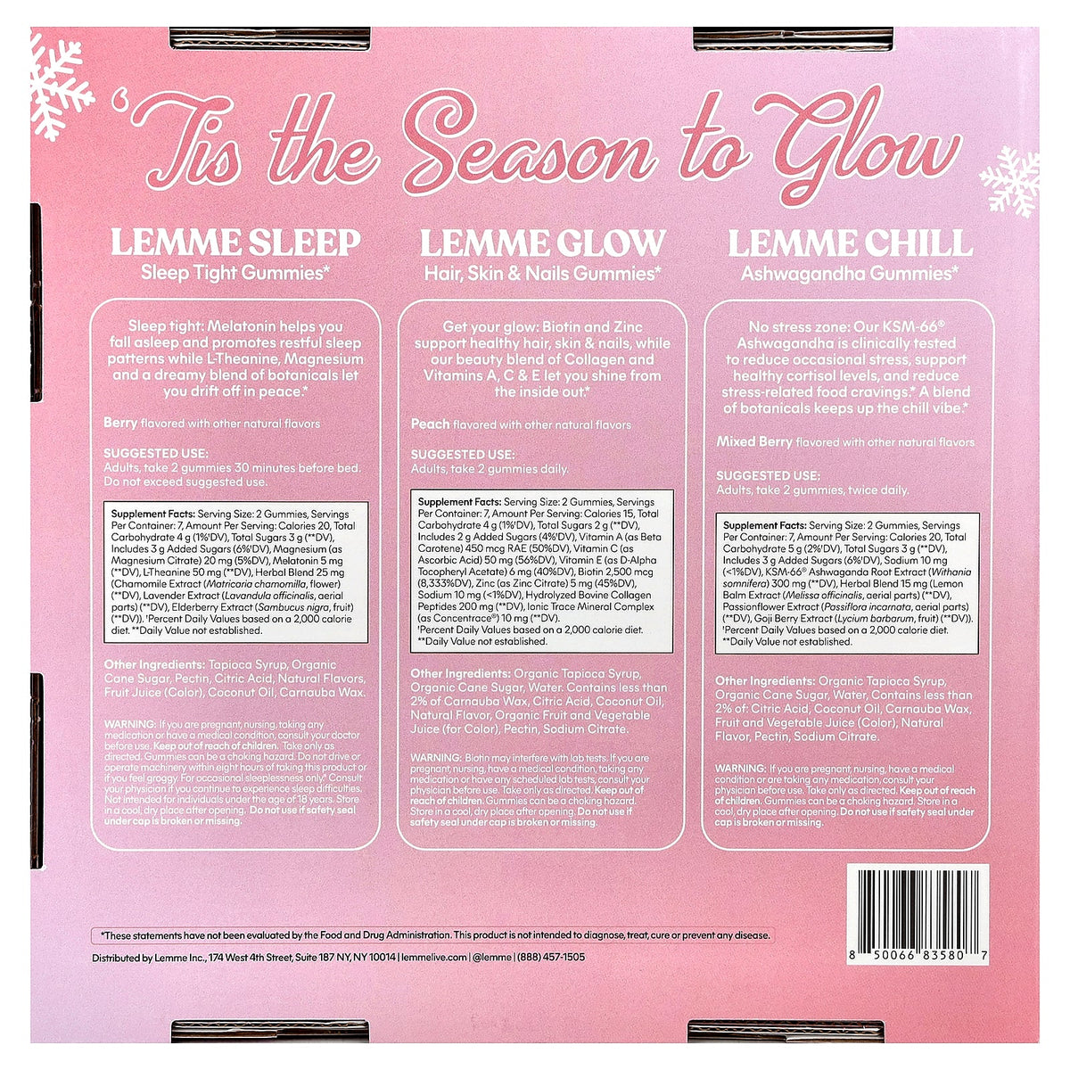 Lemme, Holiday Glow Up Gummies, Sleep, Glow, Chill, 3 Bottles, 14 Gummies Each