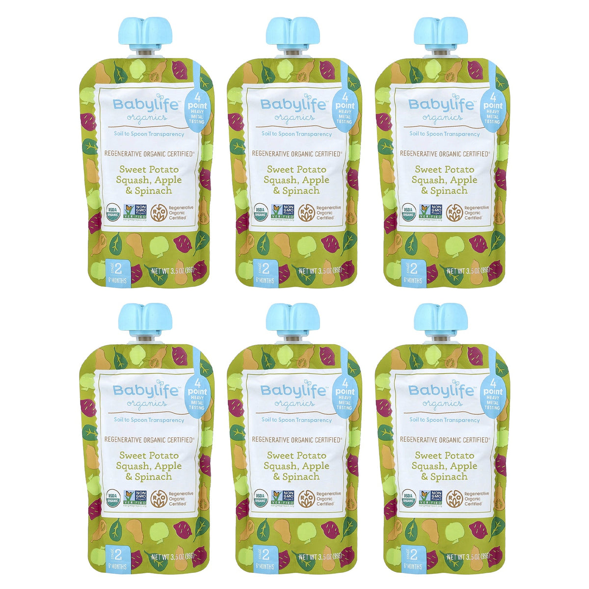 BabyLife Organics, Baby Food, 6+ Months, Sweet Potato, Squash, Apple & Spinach, 6 Pouches, 3.5 oz (99 g) Each