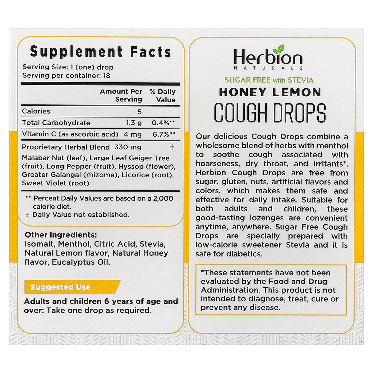 Herbion Naturals, Cough Drops, Honey Lemon, 6 Packs, 18 Drops Each