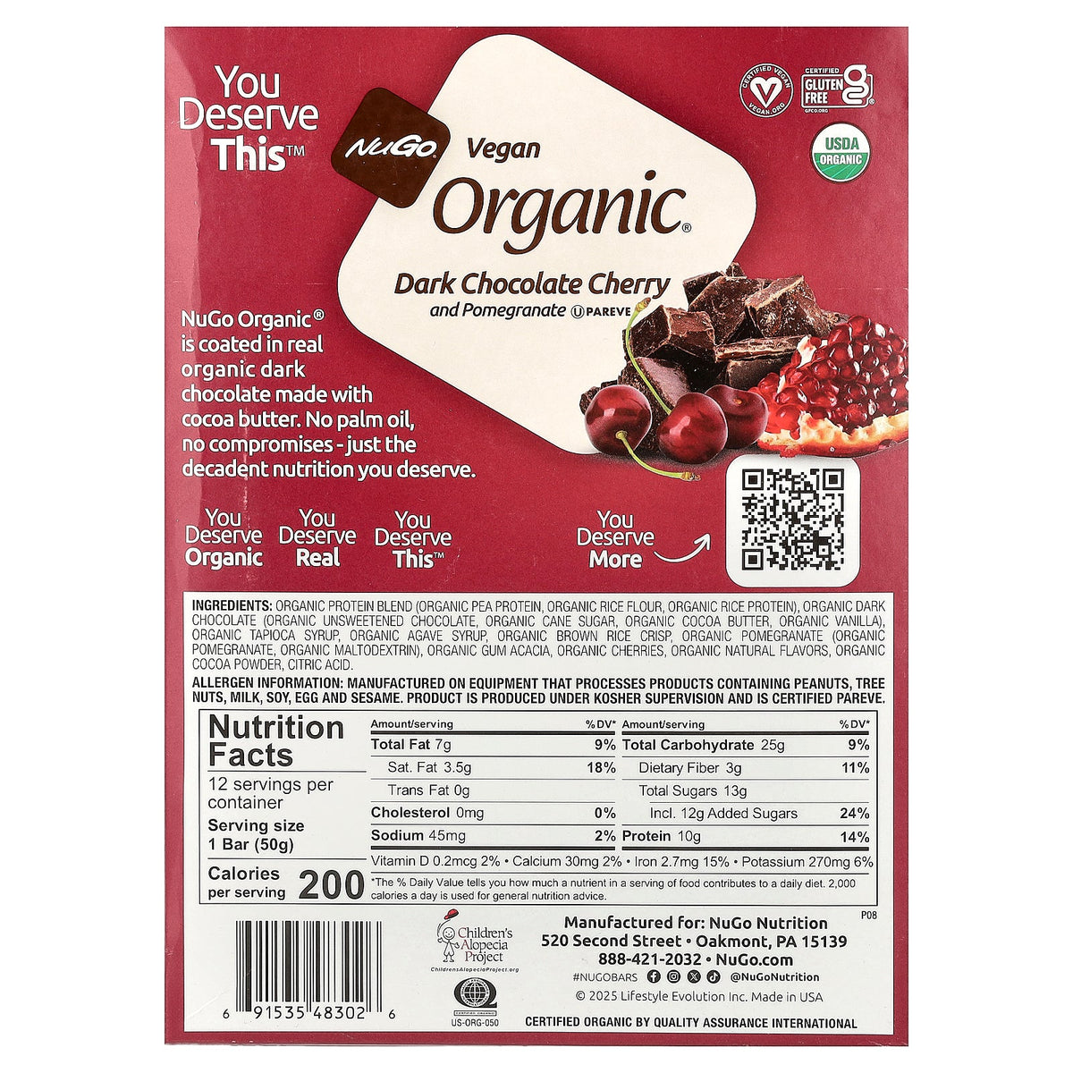 NuGo Nutrition, Organic® Protein Bars, Dark Chocolate Cherry and Pomegranate, 12 Bars, 1.76 oz (50 g) Each