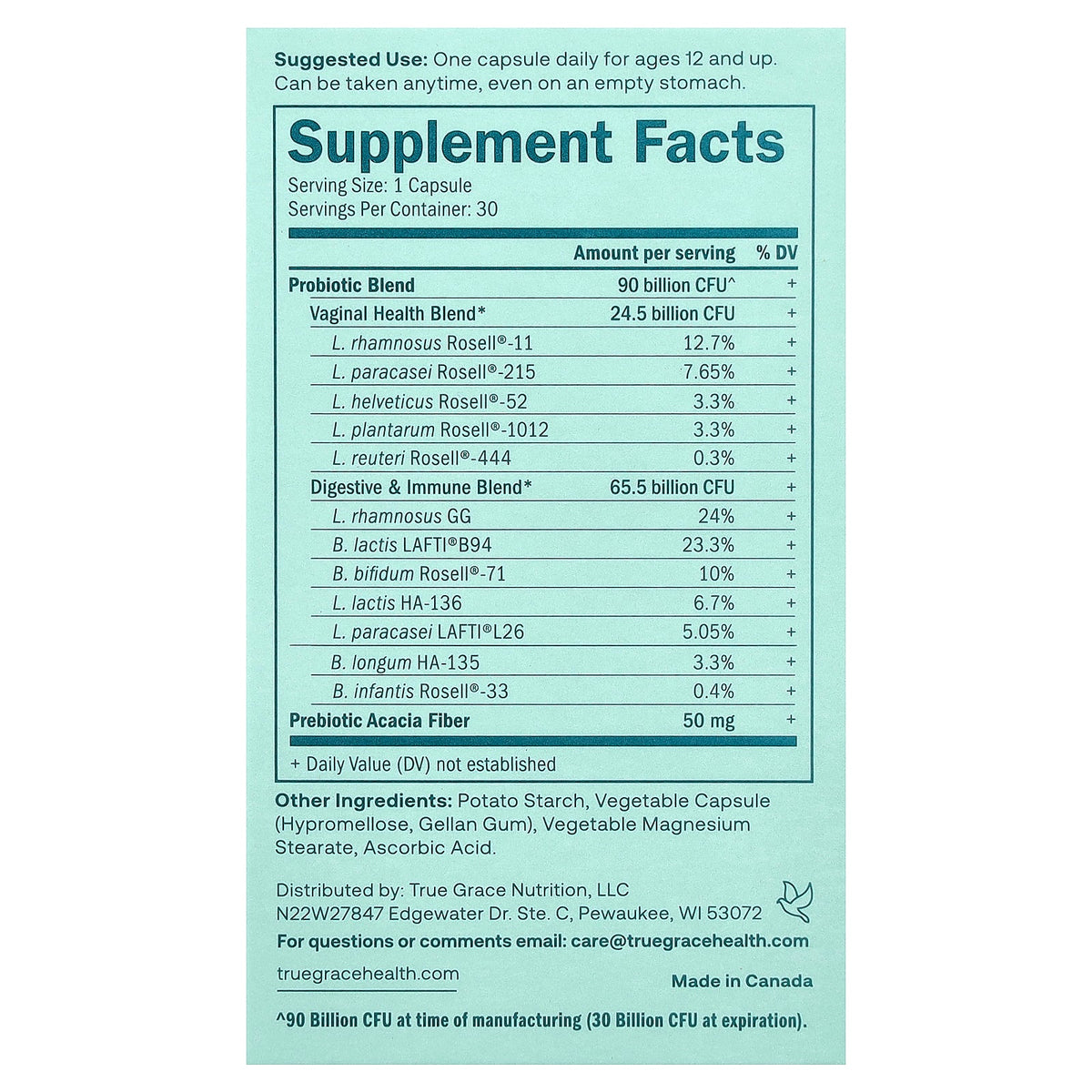 True Grace, One Daily Women's Probiotic, 90 Billion CFU, 30 Vegetarian Capsules