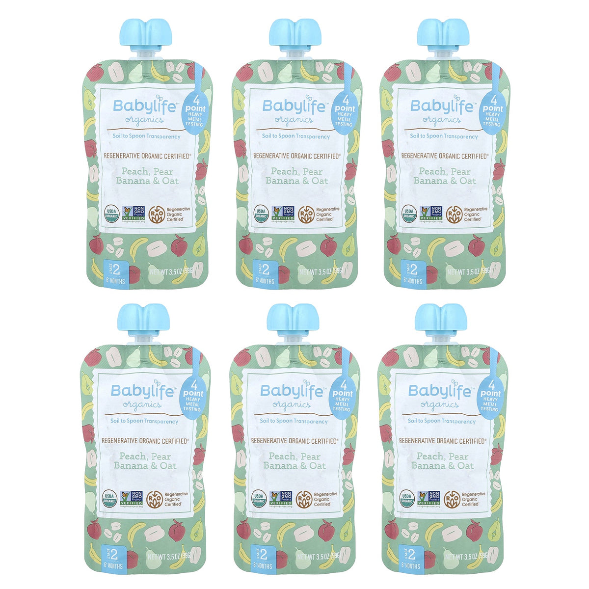 BabyLife Organics, Baby Food, 6+ Months, Peach, Pear, Banana & Oat, 6 Pouches, 3.5 oz (99 g) Each