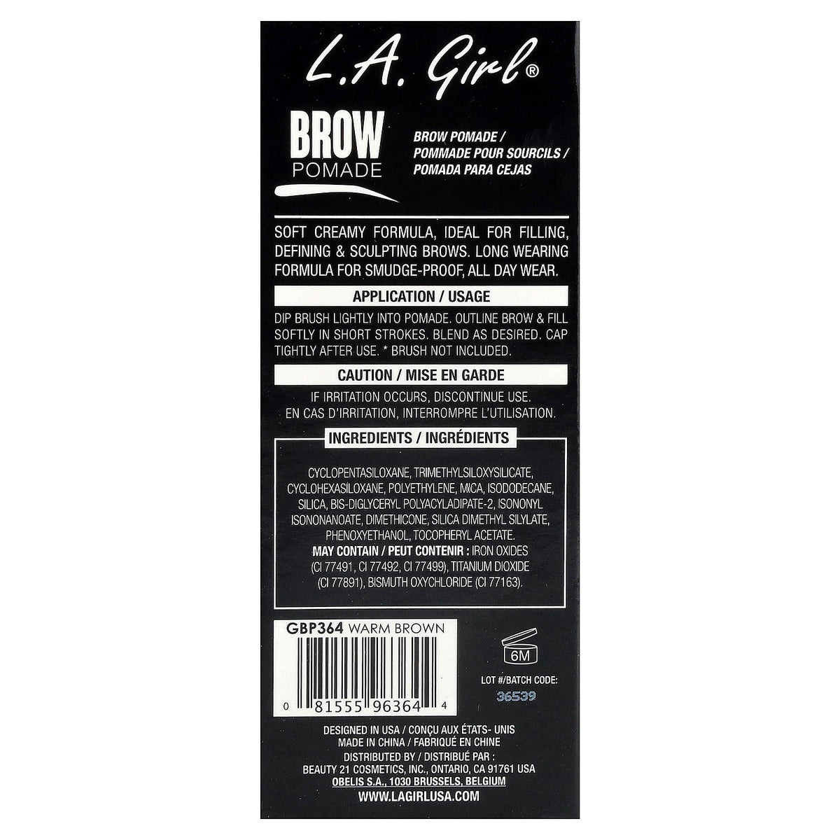 L.A. Girl, Brow Pomade, GBP364 Warm Brown, 0.11 oz (3 g)