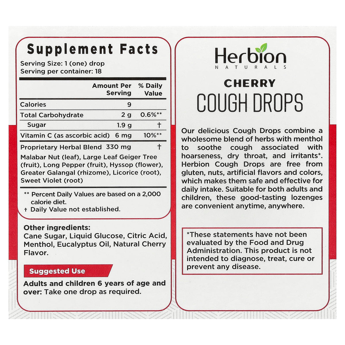 Herbion Naturals, Cough Drops, Cherry, 6 Packs, 18 Drops Each