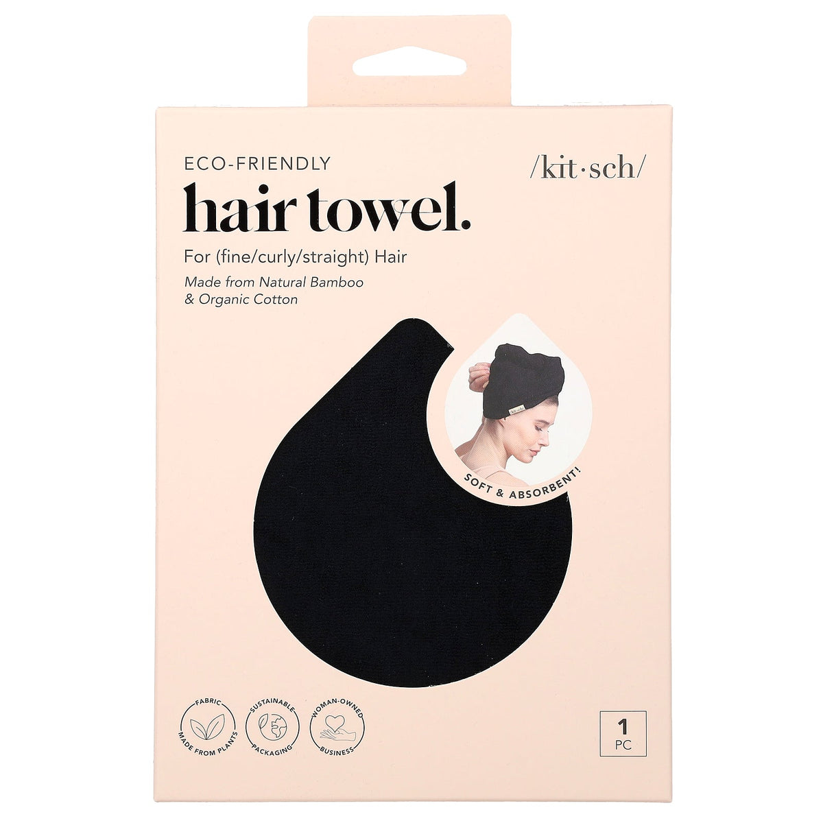 Kitsch, Eco-Friendly Hair Towel, Black, 1 Towel