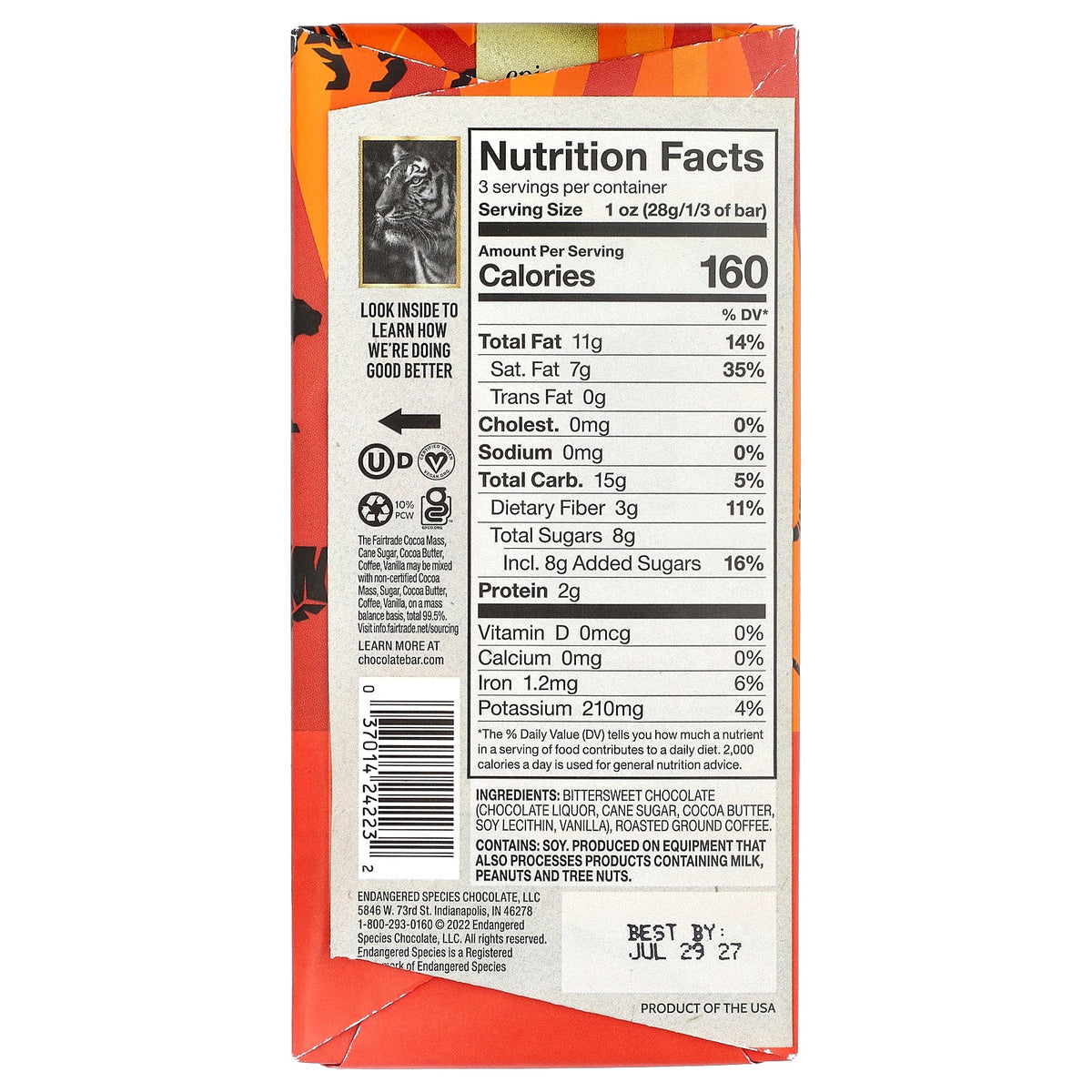 Endangered Species Chocolate, Espresso Beans + Dark Chocolate, 72% Cocoa, 3 oz (85 g)