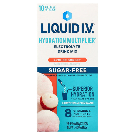 Liquid I.V., Hydration Multiplier®, Electrolyte Drink Mix, Lychee Sorbet, Sugar Free, 10 Sticks, 0.45 oz (13 g) Each