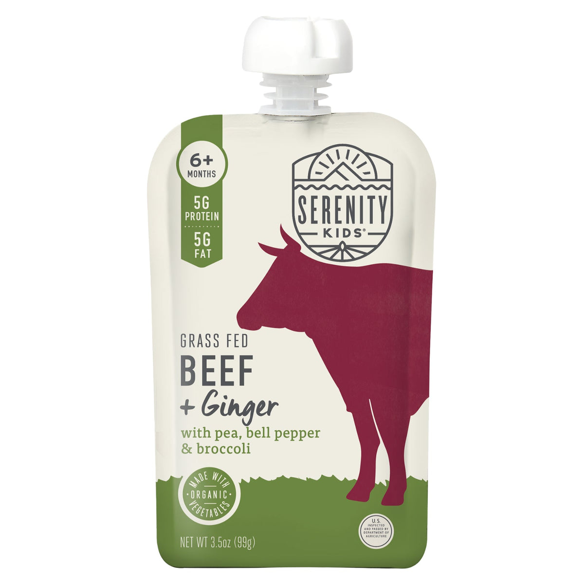Serenity Kids, Grass Fed Beef + Ginger with Pea, Bell Pepper & Broccoli, 6+ Months, 3.5 oz (99 g)