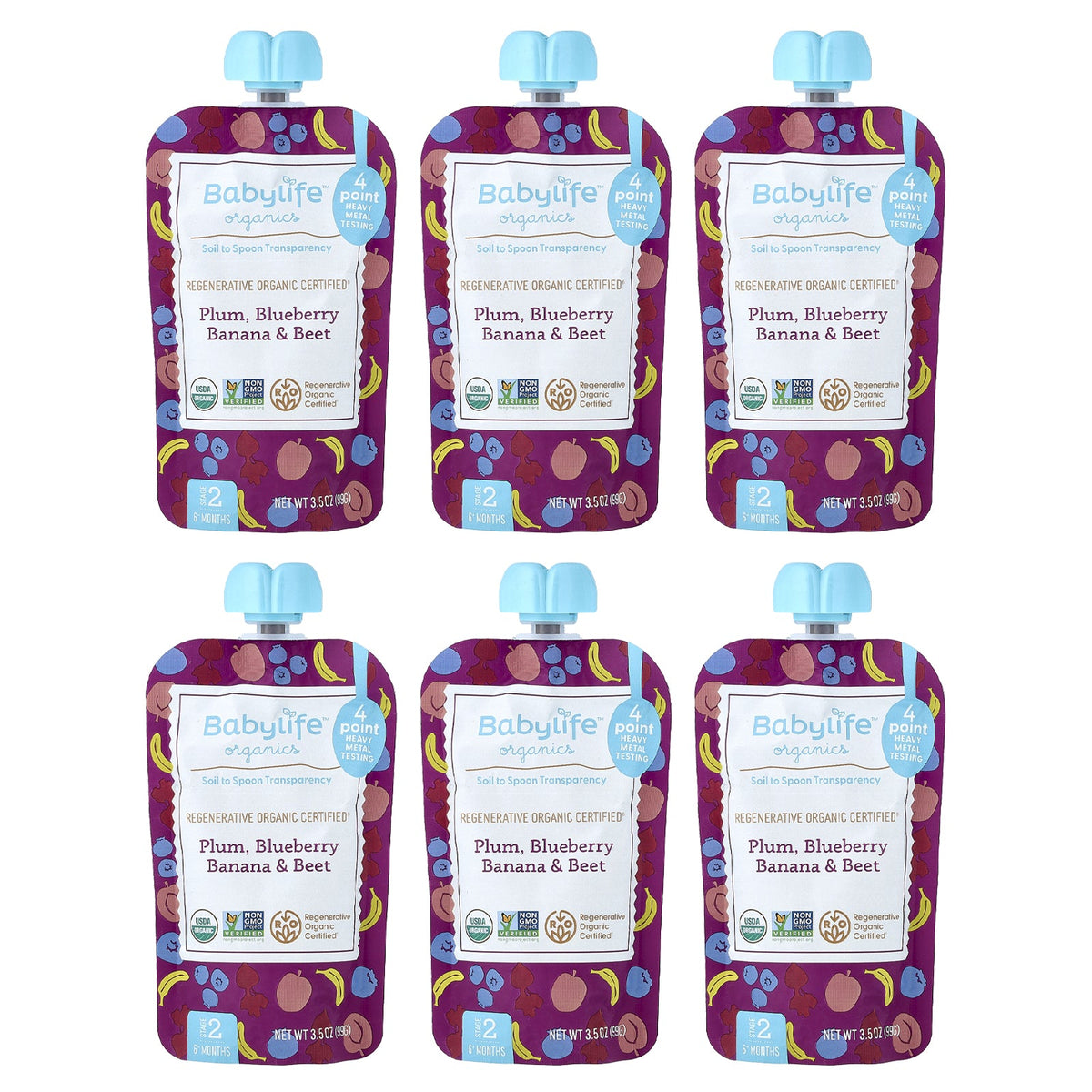 BabyLife Organics, Baby Food, 6+ Months, Plum, Blueberry Banana & Beet, 6 Pouches, 3.5 oz (99 g) Each