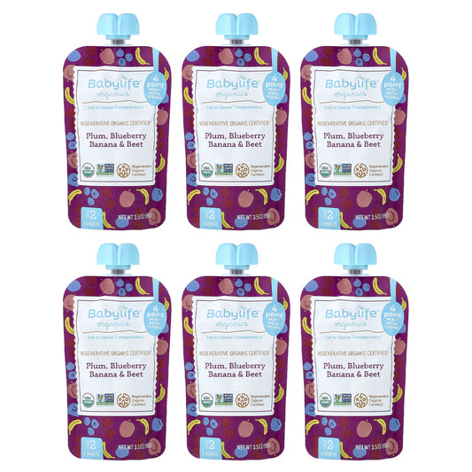 BabyLife Organics, Baby Food, 6+ Months, Plum, Blueberry Banana & Beet, 6 Pouches, 3.5 oz (99 g) Each