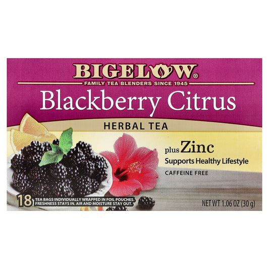 Bigelow, Herbal Tea Plus Zinc, Blackberry Citrus, Caffeine Free, 18 Tea Bags, 1.06 oz (30 g)