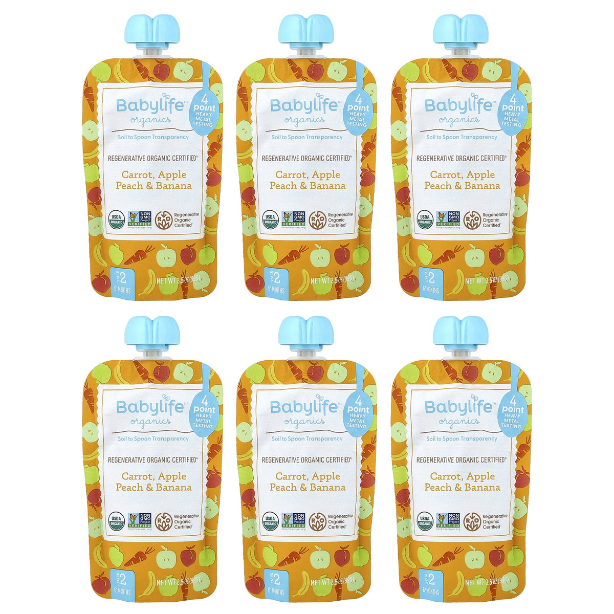 BabyLife Organics, Baby Food, 6+ Months, Carrot, Apple, Peach & Banana, 6 Pouches, 3.5 oz (99 g) Each