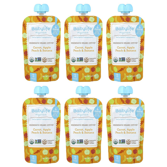 BabyLife Organics, Baby Food, 6+ Months, Carrot, Apple, Peach & Banana, 6 Pouches, 3.5 oz (99 g) Each