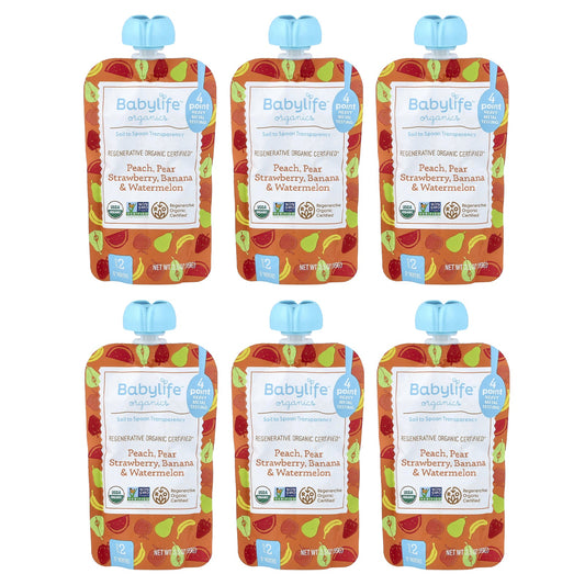 BabyLife Organics, Baby Food, 6+ Months, Peach, Pear, Strawberry, Banana & Watermelon, 6 Pouches, 3.5 oz (99 g) Each