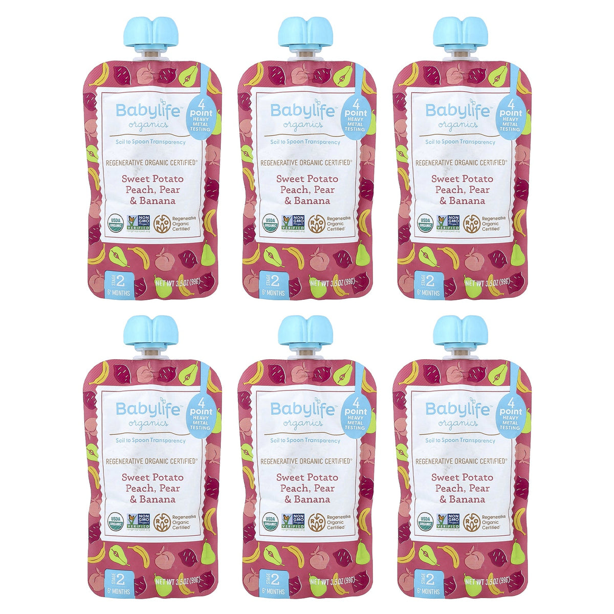 BabyLife Organics, Baby Food, 6+ Months, Sweet Potato, Peach, Pear & Banana, 6 Pouches, 3.5 oz (99 g) Each