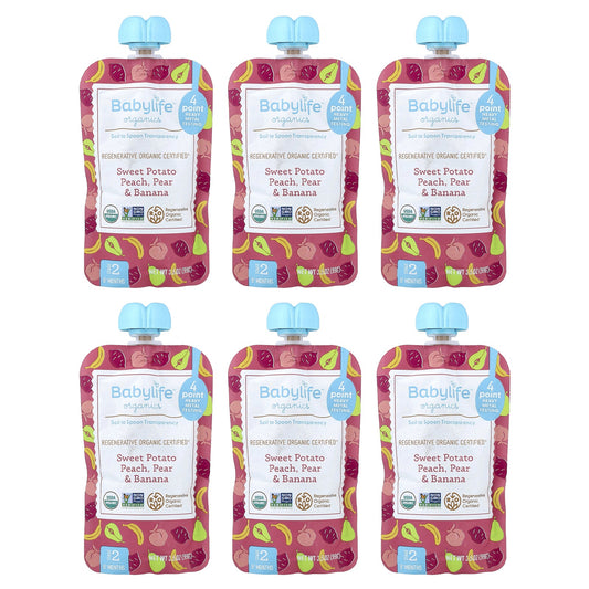 BabyLife Organics, Baby Food, 6+ Months, Sweet Potato, Peach, Pear & Banana, 6 Pouches, 3.5 oz (99 g) Each