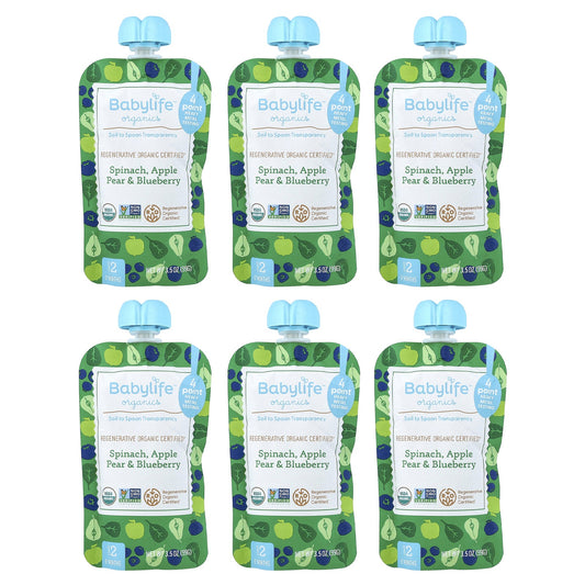 BabyLife Organics, Baby Food, 6+ Months, Spinach, Apple, Pear & Blueberry, 6 Pouches, 3.5 oz (99 g) Each
