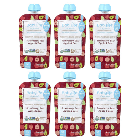 BabyLife Organics, Baby Food, 6+ Months, Strawberry, Pear, Apple & Beet, 6 Pouches, 3.5 oz (99 g) Each