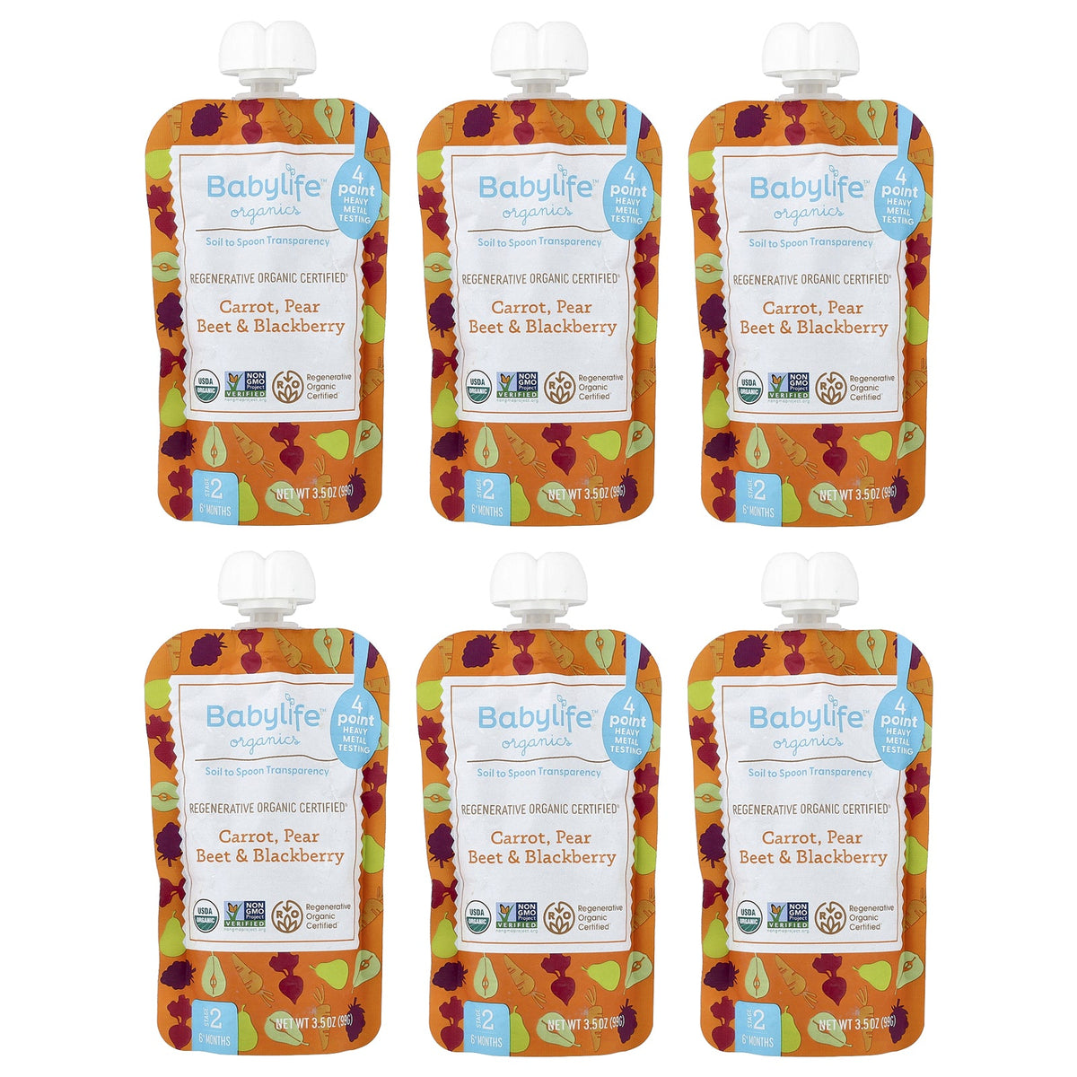 BabyLife Organics, Baby Food, 6+ Months, Carrot, Pear, Beet & Blackberry, 6 Pouches, 3.5 oz (99 g) Each